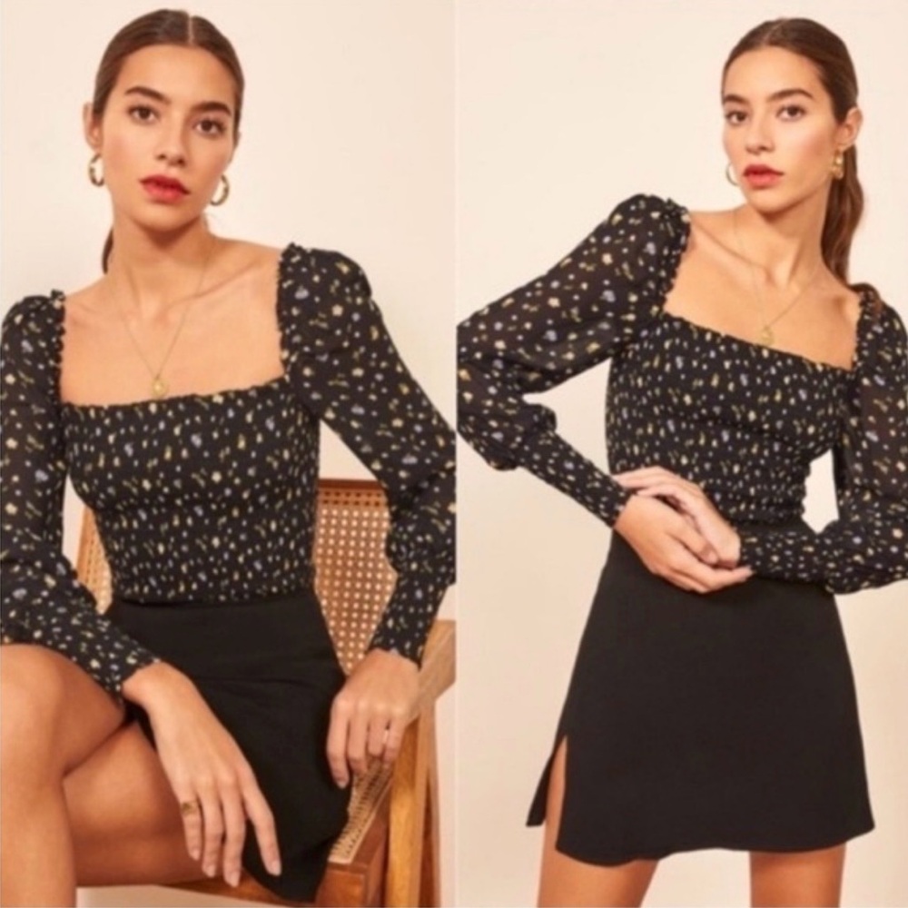 Reformation Black Smocked Top